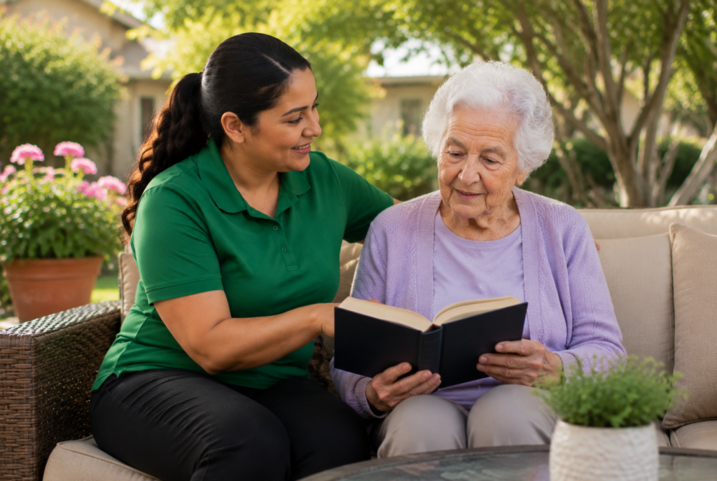 A younger woman in a green shirt sits beside an older woman with white hair, reading a book together on an outdoor couch in a garden setting. Both look engaged and happy.