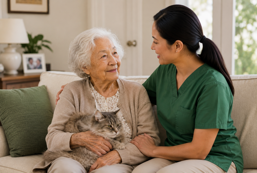 An elderly woman holding a gray cat sits on a couch, smiling at a caregiver in green scrubs who has her arm around her. They appear happy and comfortable in a cozy living room.