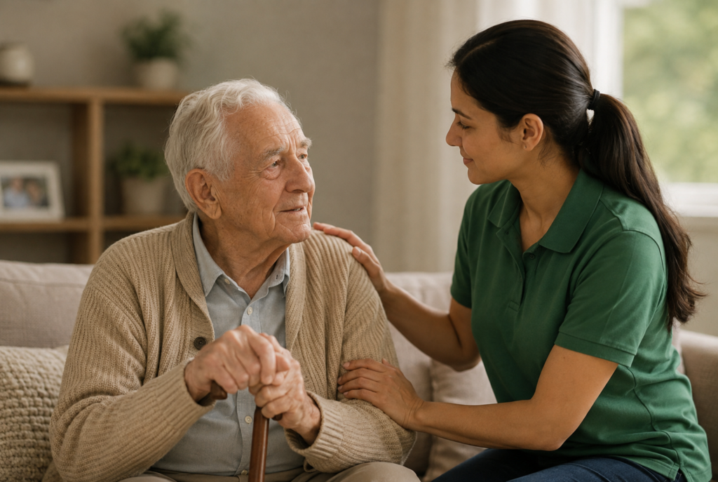 An elderly man sits on a couch holding a cane while a woman in a green shirt gently touches his shoulder and arm, smiling at him in a comforting manner.