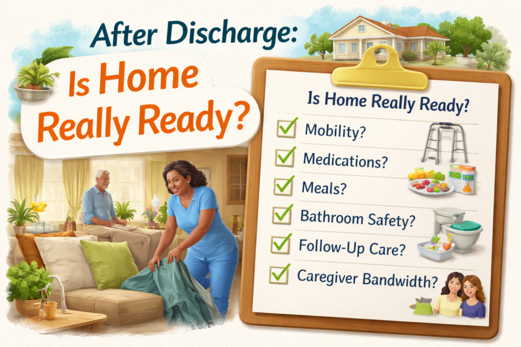 A nurse helps an elderly man at home. A checklist on a clipboard asks if home is ready for discharge, covering mobility, medications, meals, safety, follow-up care, and caregiver bandwidth.