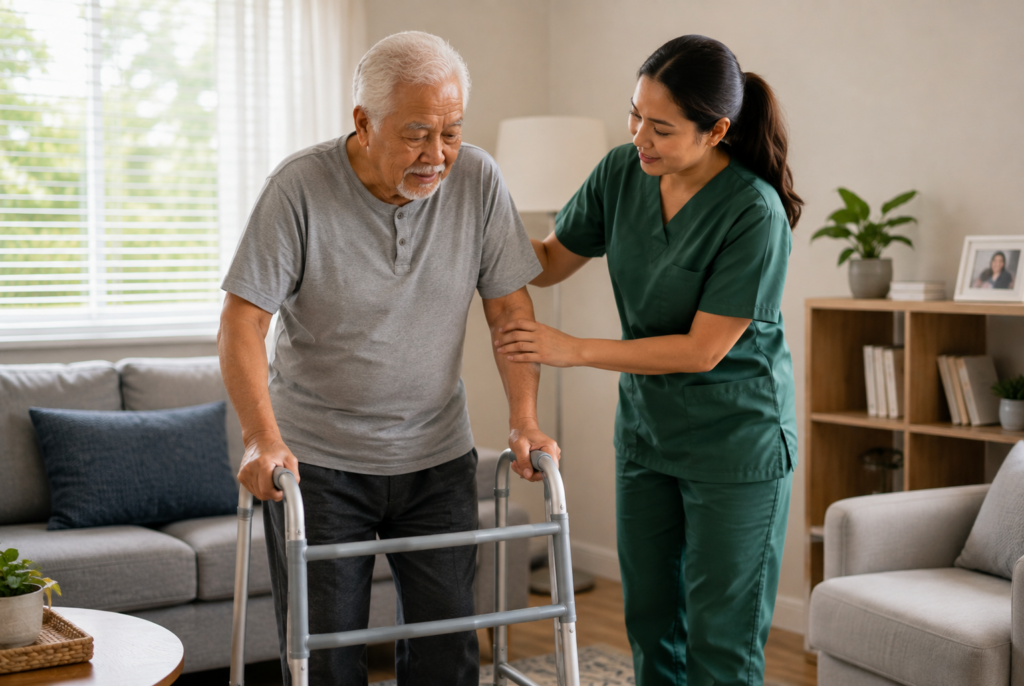 An elderly man using a walker is assisted by a healthcare worker in green scrubs inside a cozy, well-lit living room.