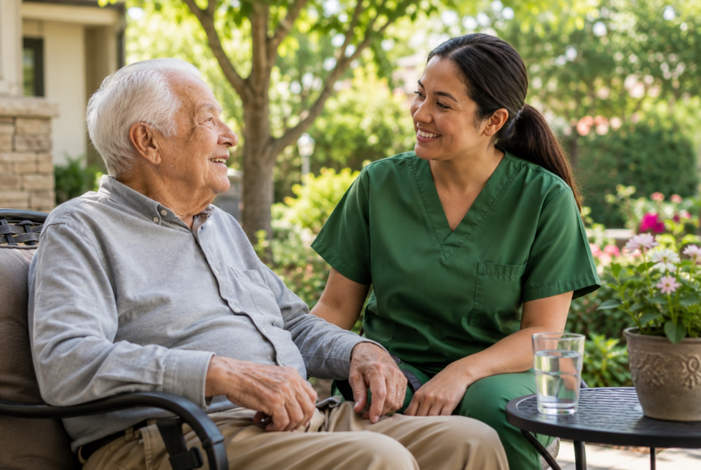 A smiling elderly man sits outdoors with a female caregiver in green scrubs. They are talking happily on a sunny day, with plants and a glass of water on a table nearby.