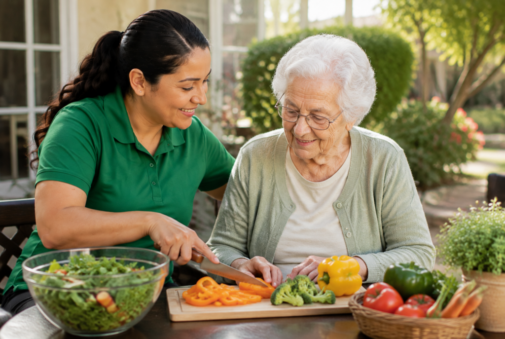 A younger woman helps an older woman cut vegetables at an outdoor table. They smile together while preparing a fresh salad with peppers, broccoli, and other produce.