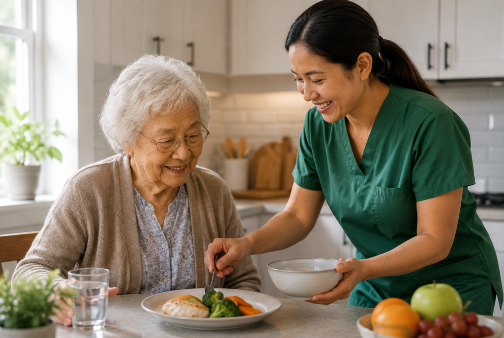A smiling caregiver in green scrubs serves food to an elderly woman with gray hair and glasses, who is sitting at a kitchen table with a plate of food, water, and fruit nearby.