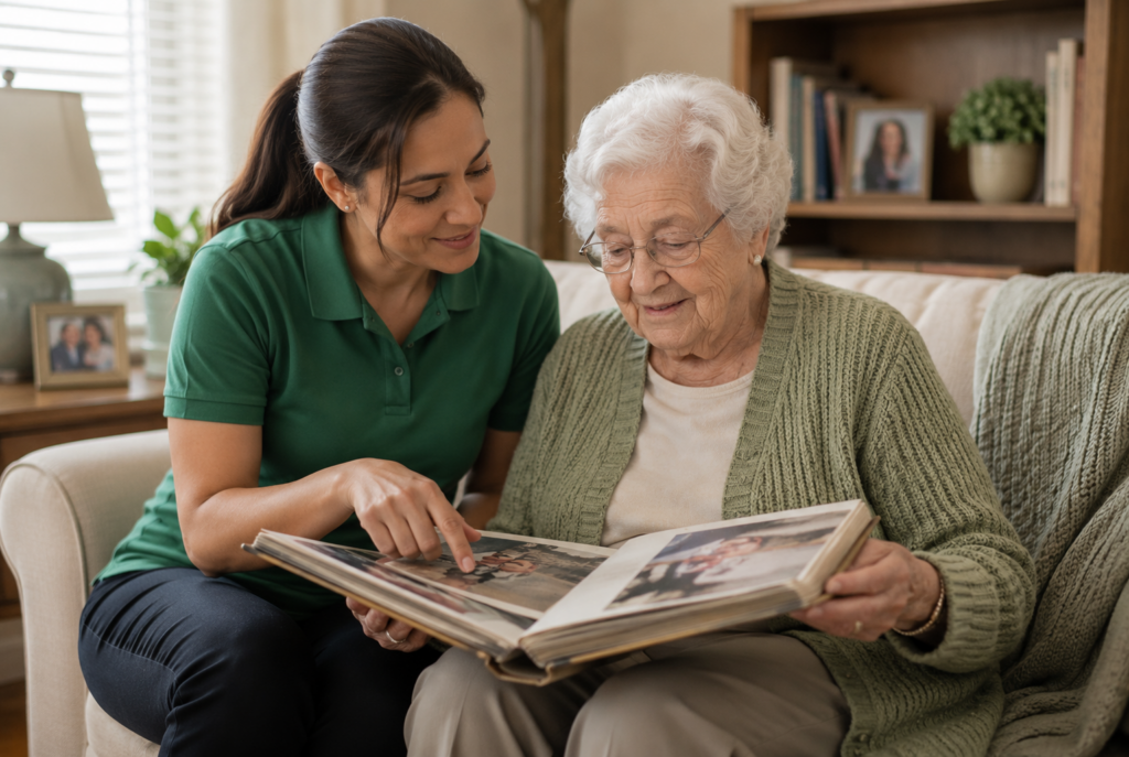 A young woman and an elderly woman sit on a couch looking through a photo album together. The young woman smiles and points at a picture while the elderly woman holds the album, both appearing happy and engaged.