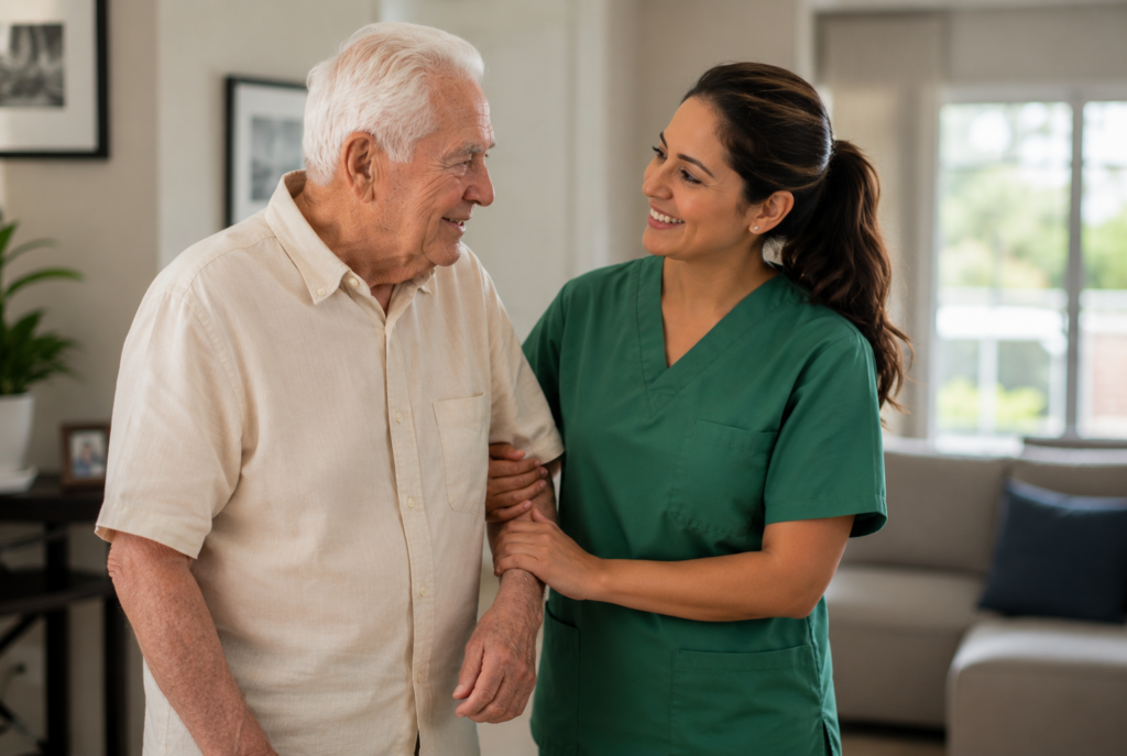 A smiling nurse in green scrubs supports an elderly man with white hair as they walk together in a bright, comfortable living room.