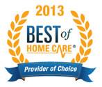 A badge reading 2013 Best of Home Care Provider of Choice, with a gold laurel wreath and a blue ribbon at the bottom.