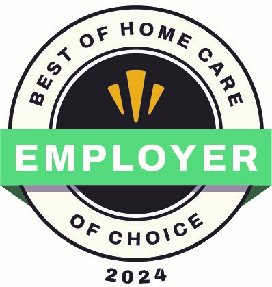 A circular badge reads Best of Home Care Employer of Choice 2024 with a green banner labeled Employer across the center and three gold shapes above.