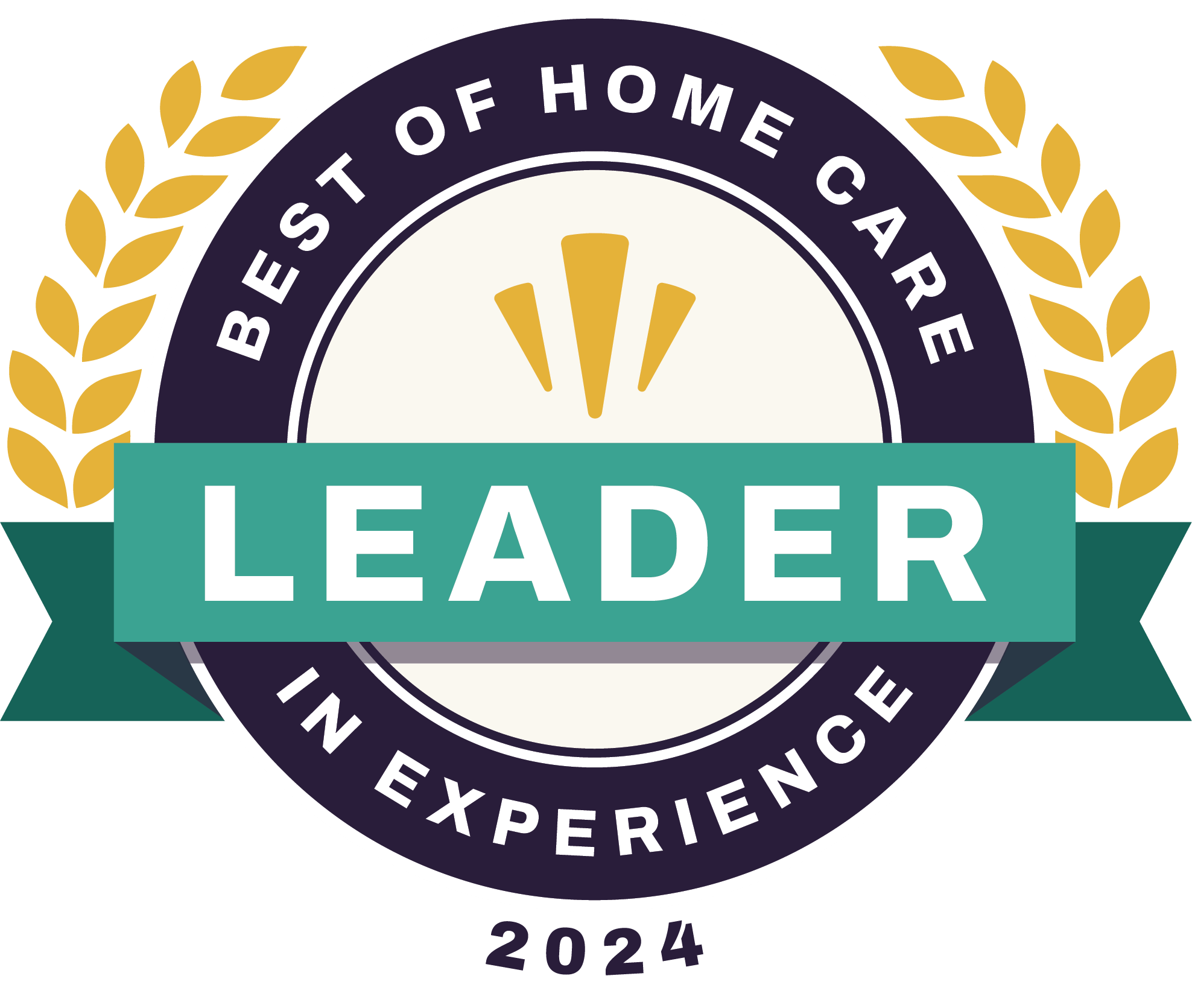 Circular badge reads Best of Home Care Leader in Experience 2024 with a green banner across the center that says Leader. Gold laurel leaves frame the badge, and three yellow shapes are above the word Leader..