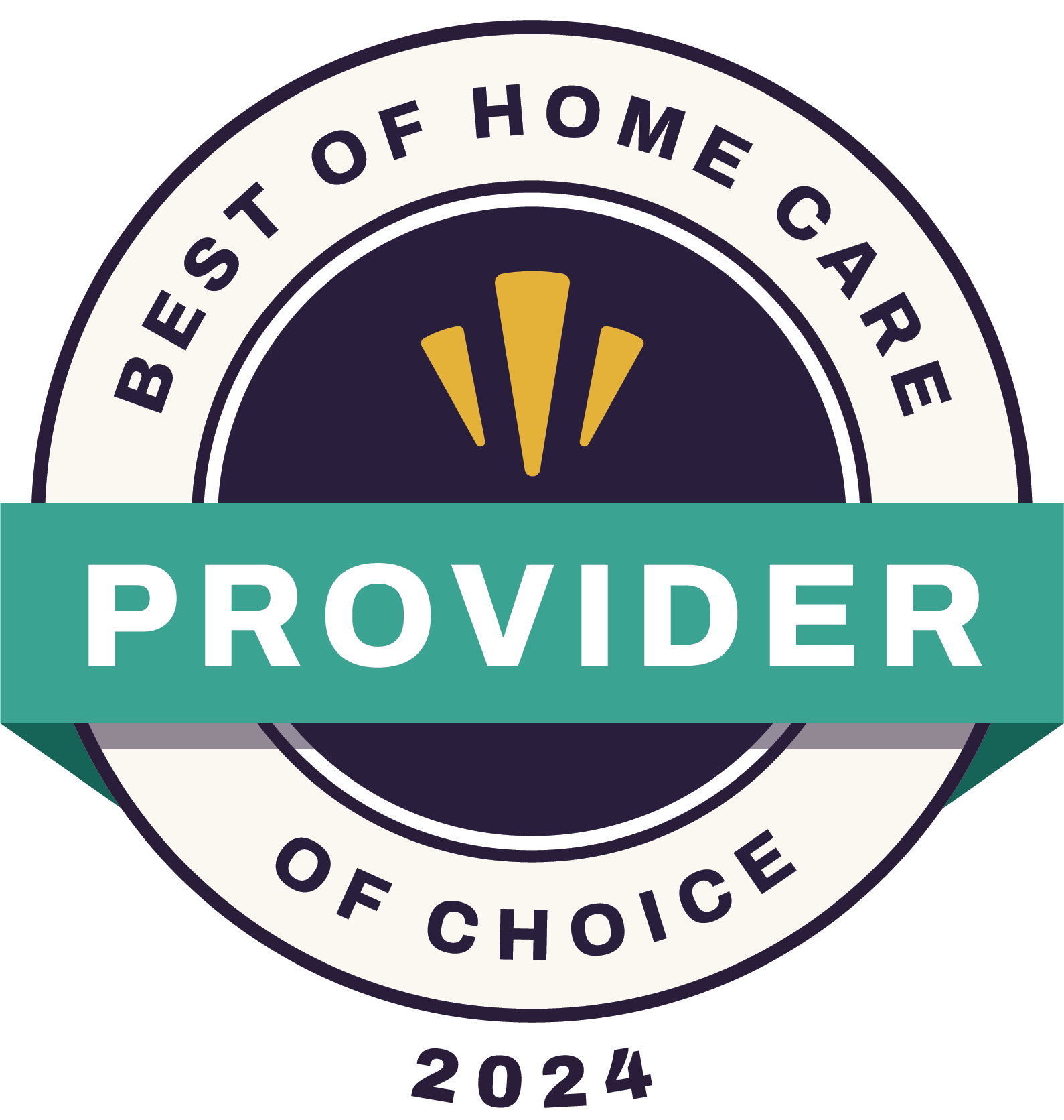 Circular badge reading Best of Home Care Provider of Choice 2024 with three gold shapes in the center and a teal banner labeled Provider across the middle.