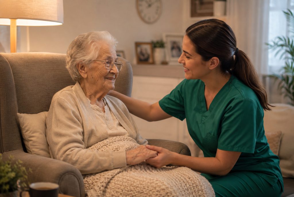 A nurse in green scrubs smiles and holds hands with an elderly woman sitting in a cozy armchair, covered with a knitted blanket, in a warmly lit living room.
