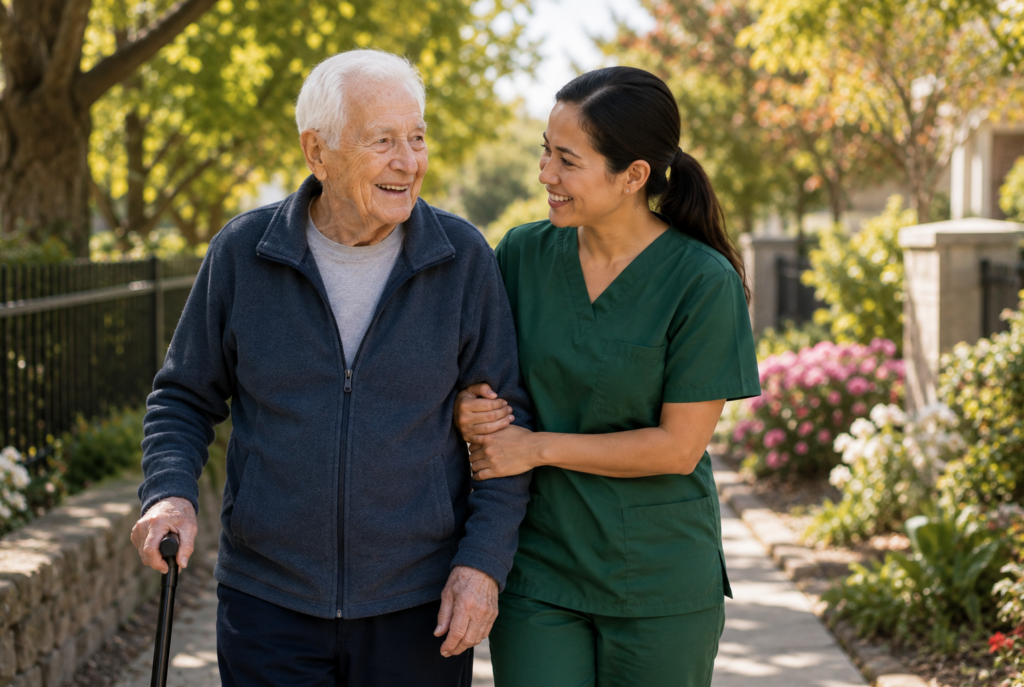 An elderly man with a cane walks outdoors, smiling and holding the arm of a caregiver in green scrubs. They are surrounded by trees and flowers on a sunny day.