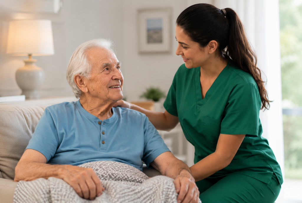 A smiling elderly man sits on a couch with a blanket, while a nurse in green scrubs stands beside him, gently touching his shoulder and smiling warmly.
