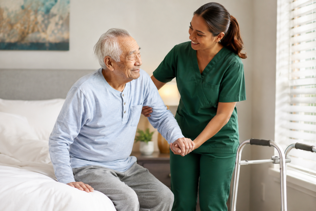 A nurse in green scrubs helps an elderly man sitting on a bed. They are smiling at each other, and a walker is near the bed. Sunlight streams through a window with blinds in the background.