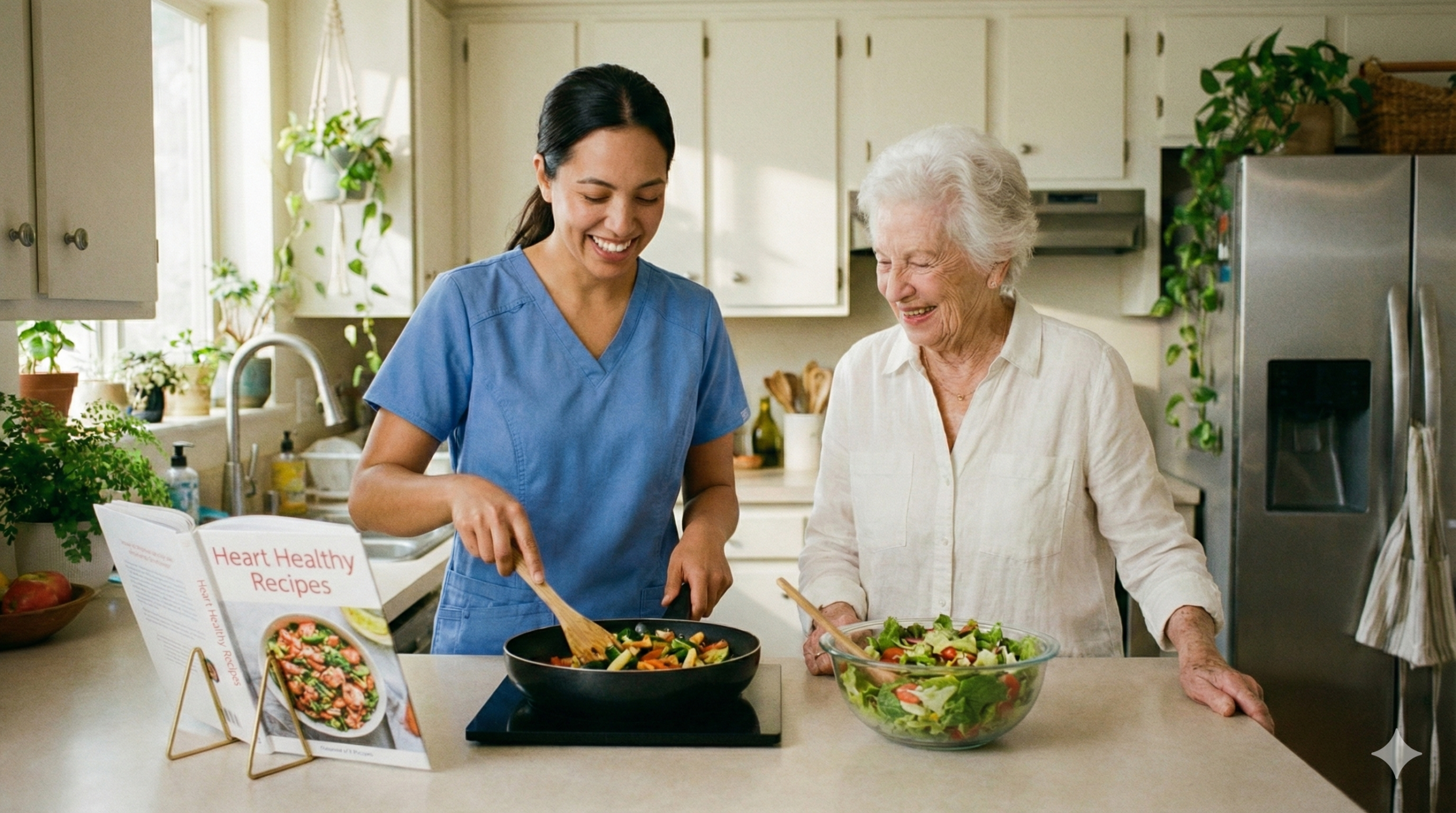 A young woman in scrubs cooks vegetables in a pan while an older woman smiles beside her, making a salad in a bright kitchen. A Heart Healthy Recipes book is open on the counter.