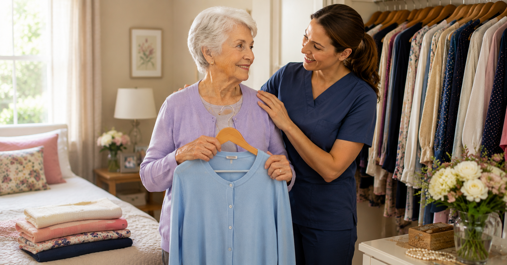 An elderly woman holds a blue cardigan while smiling at a caregiver in scrubs. They stand in a cozy bedroom with neatly folded clothes and hanging outfits in the background.