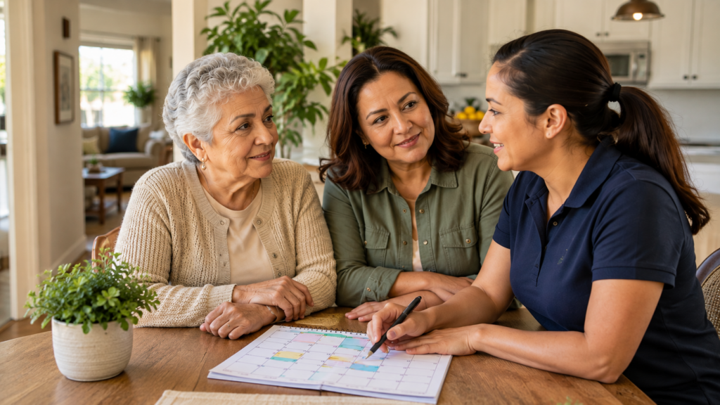 Three women sit at a table, smiling and talking. One points to a calendar on the table, suggesting a discussion or planning session. The setting appears to be a bright, cozy home.
