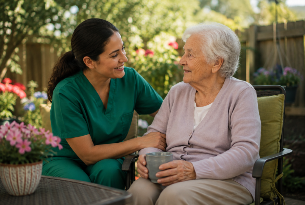 A caregiver in green scrubs smiles warmly at an elderly woman holding a mug as they sit together outdoors in a garden, surrounded by flowers and greenery.