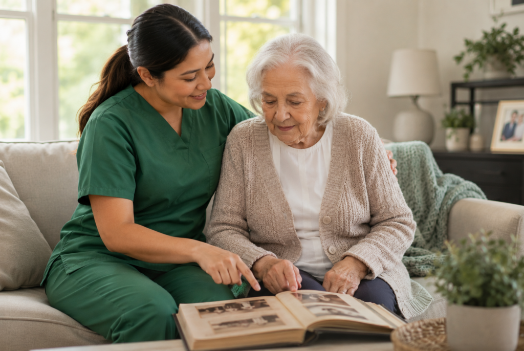 A caregiver in green scrubs sits with an elderly woman on a couch, smiling and looking at a photo album together in a bright living room.