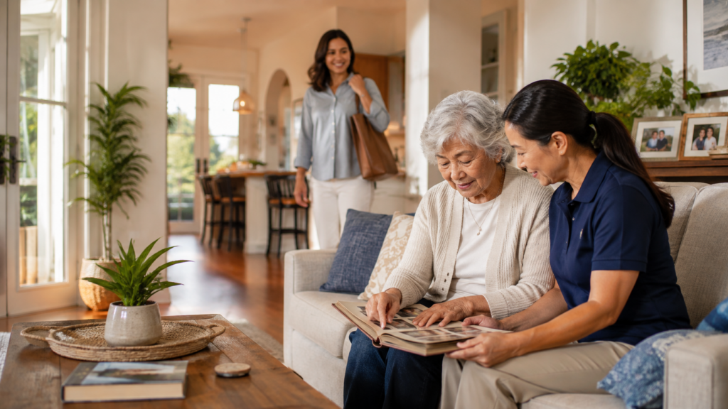 A caregiver sharing a photo album with an older adult while a family member takes a respite break.