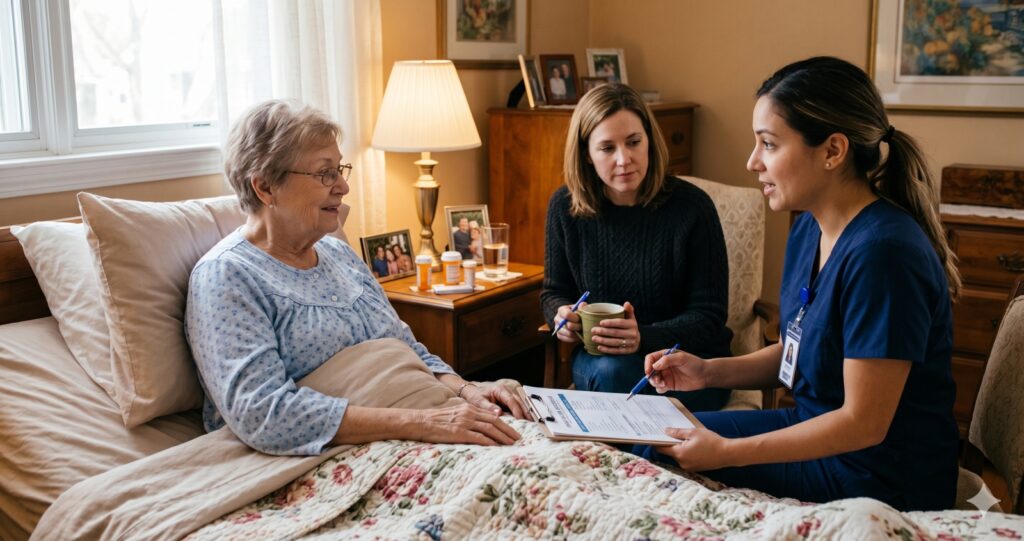 A nurse sits by an elderly woman in bed, holding a clipboard, while another woman sits nearby with a mug. They appear to be discussing the patients care in a cozy, well-lit bedroom.