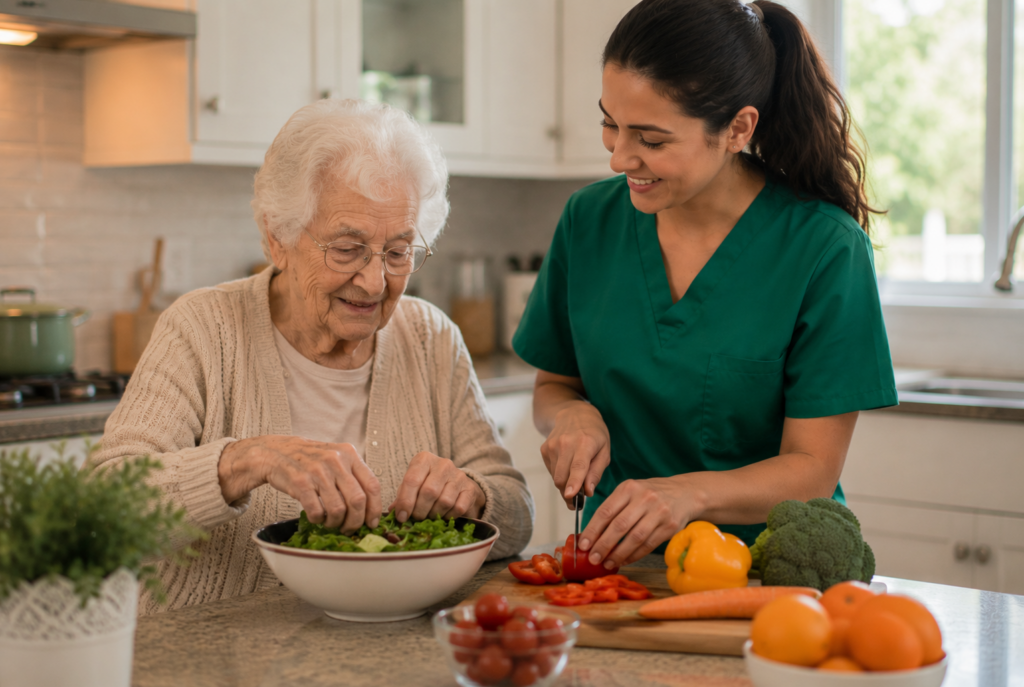 An elderly woman and a caregiver prepare a meal together in a bright kitchen, smiling as they chop vegetables and make a salad.