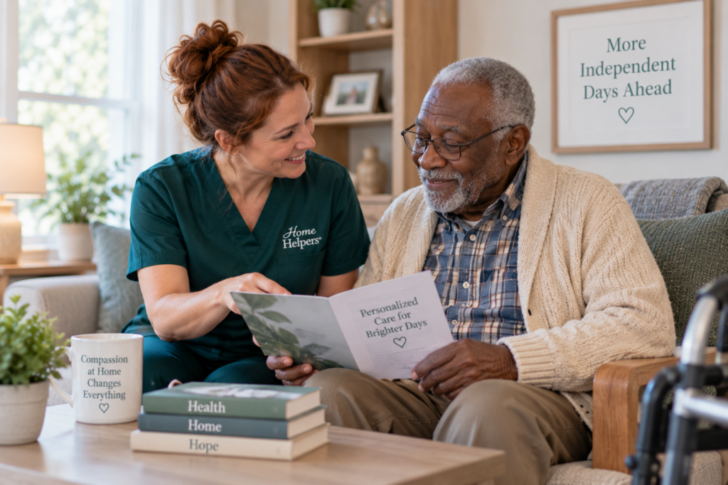 A smiling caregiver sits beside an elderly man, showing him a booklet. They sit in a cozy living room with uplifting signs, books, and a mug that reads, Compassion at Home Changes Everything..