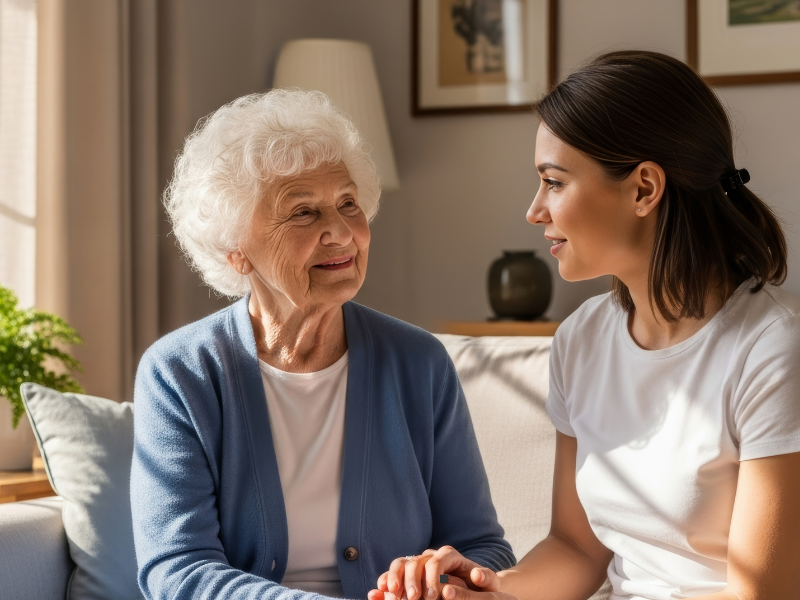 A young woman holds hands and smiles warmly at an elderly woman with white hair and a blue cardigan, both sitting on a couch in a well-lit, cozy living room.