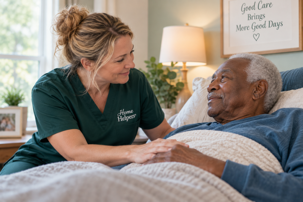 A nurse in green scrubs smiles and holds the hand of an elderly man lying in bed. The room is warmly lit, with a lamp, framed photos, and a sign reading Good Care Brings More Good Days on the wall.