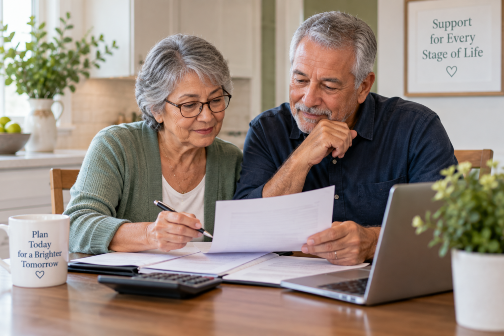 Older couple sits at a table reviewing papers together with a laptop, calculator, and coffee mugs. A framed sign on the wall reads, Support for Every Stage of Life. They appear thoughtful and focused.