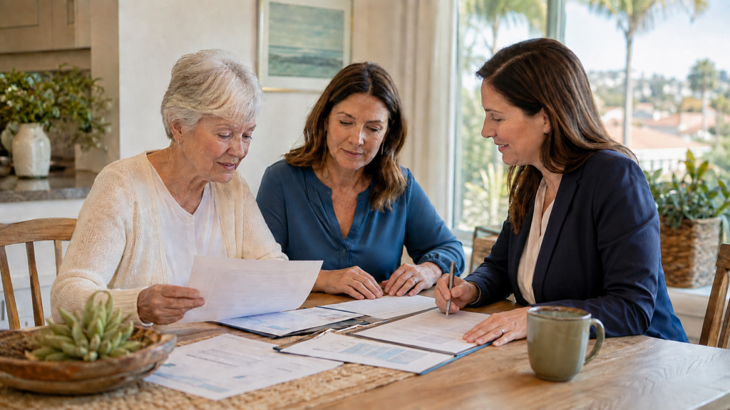 Three women sit at a table reviewing documents together in a bright, homey room with plants and papers spread out, suggesting a financial or legal discussion.