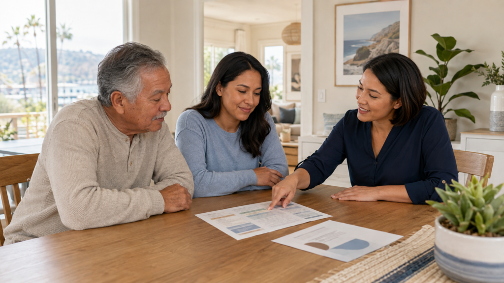 Three people sit at a wooden table, reviewing documents with charts and graphs. One woman points at the papers while the others listen. The setting is a bright, modern home with plants and artwork in the background.