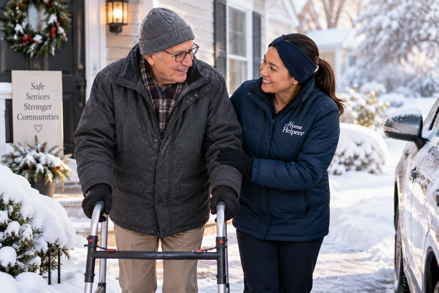 A smiling caregiver assists an elderly man with a walker outside a snow-covered house. They wear winter clothing. A sign nearby reads, Safe Seniors Stronger Communities..