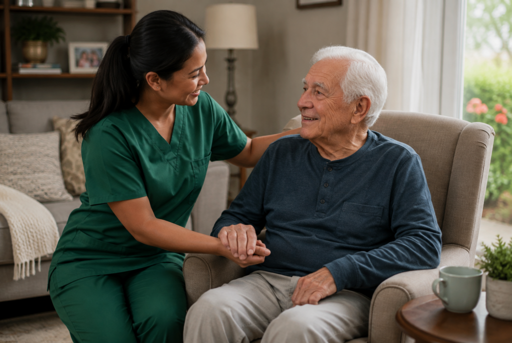 A nurse in green scrubs smiles and holds hands with an elderly man sitting in an armchair at home. They both look happy, suggesting a caring and supportive relationship.