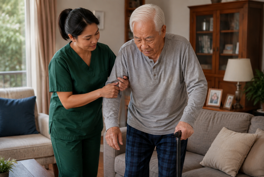 A nurse in green scrubs assists an elderly man with white hair and a cane as he stands up in a cozy living room.