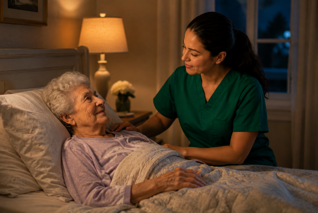 A caregiver in green scrubs gently comforts an elderly woman lying in bed at night, with warm lighting creating a calm, caring atmosphere in the bedroom.
