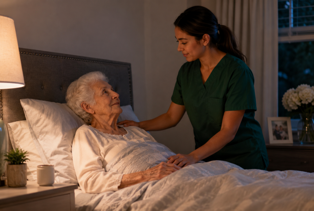 A nurse in green scrubs gently comforts an elderly woman lying in bed at home, placing a hand on her shoulder and holding her hand. The room is softly lit, creating a warm, caring atmosphere.