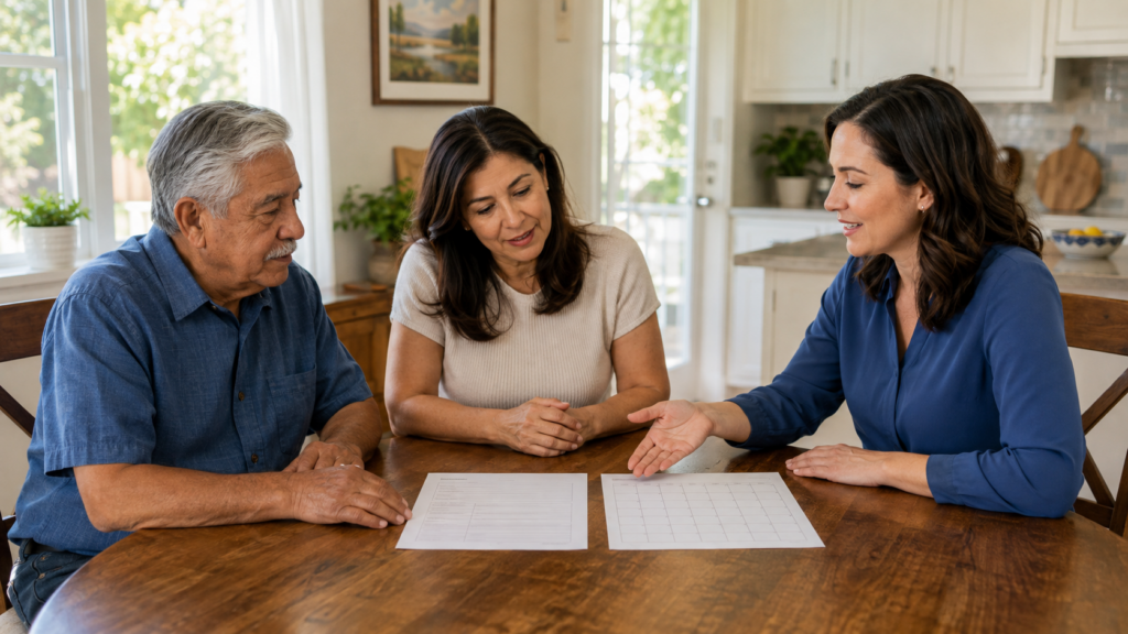 Three adults sit at a wooden table in a bright kitchen, looking at documents. A woman in blue gestures while talking to an older man and woman, who listen attentively.