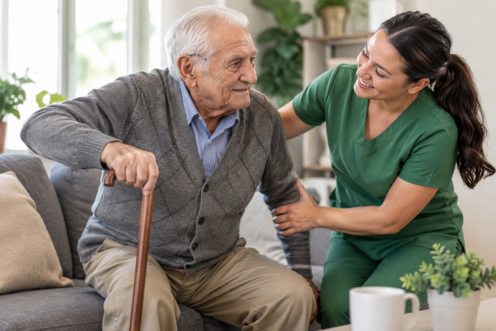 A smiling caregiver in green scrubs assists an elderly man with a cane as he sits on a couch. They appear happy and comfortable in a bright, cozy living room with plants and a mug on the table.