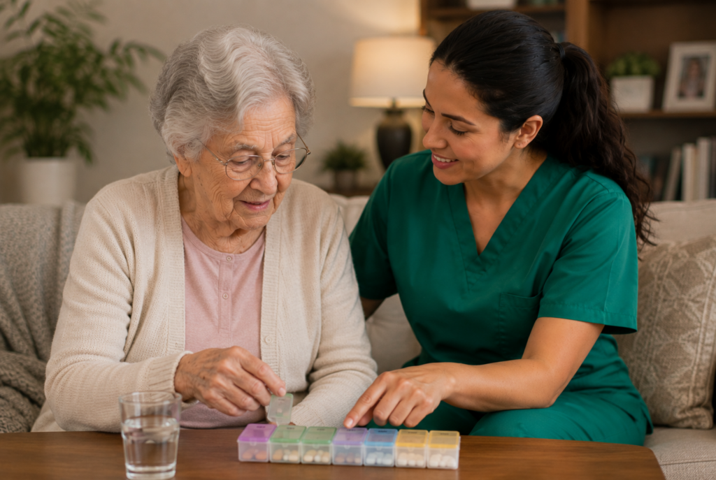 An elderly woman and a caregiver in green scrubs organize pills into a weekly pill box together at a table, with a glass of water nearby. Both are smiling in a cozy living room setting.