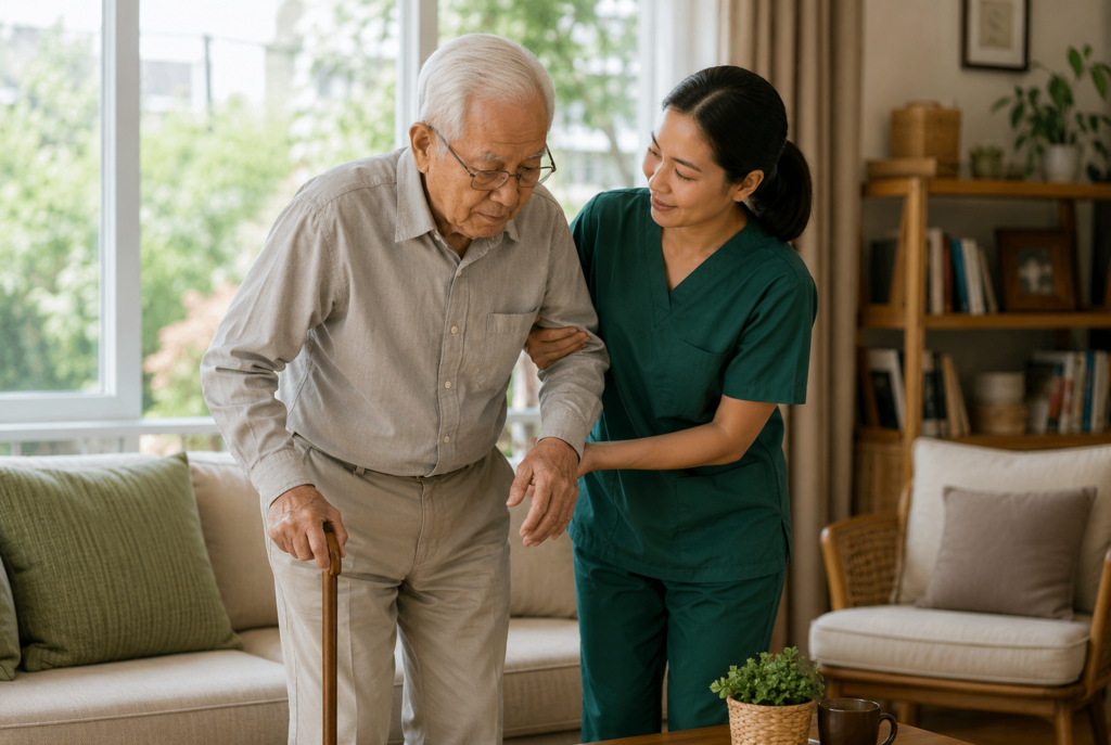 A nurse in green scrubs helps an elderly man with a cane stand up in a living room filled with natural light, plants, and bookshelves.