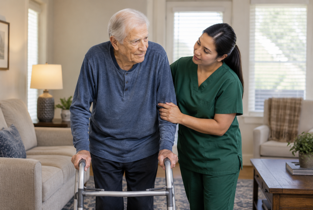 An elderly man uses a walker in a living room while a caregiver in green scrubs gently supports him, smiling. Sunlight streams through windows and the room is warmly decorated.