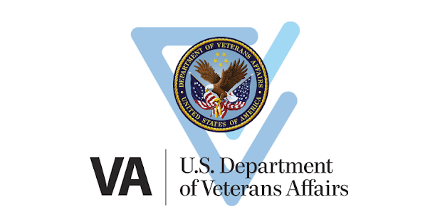 U.S. Department of Veterans Affairs logo with a bald eagle in front of American flags inside a circular seal, above the letters VA and department name in black text.