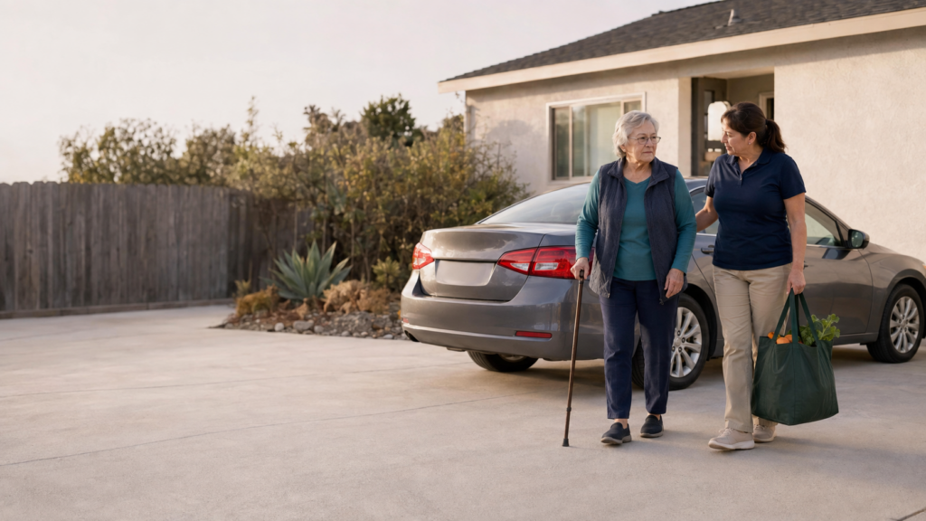 A caregiver helps an older woman with a cane walk outside a house. The caregiver carries a bag of groceries, and a gray car is parked in the driveway.