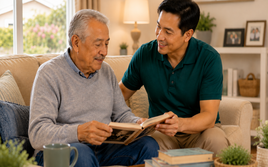 A younger man smiles and sits beside an older man on a couch. The older man is reading a book while the younger man looks at him supportively. They appear to be enjoying a warm, relaxed moment together at home.