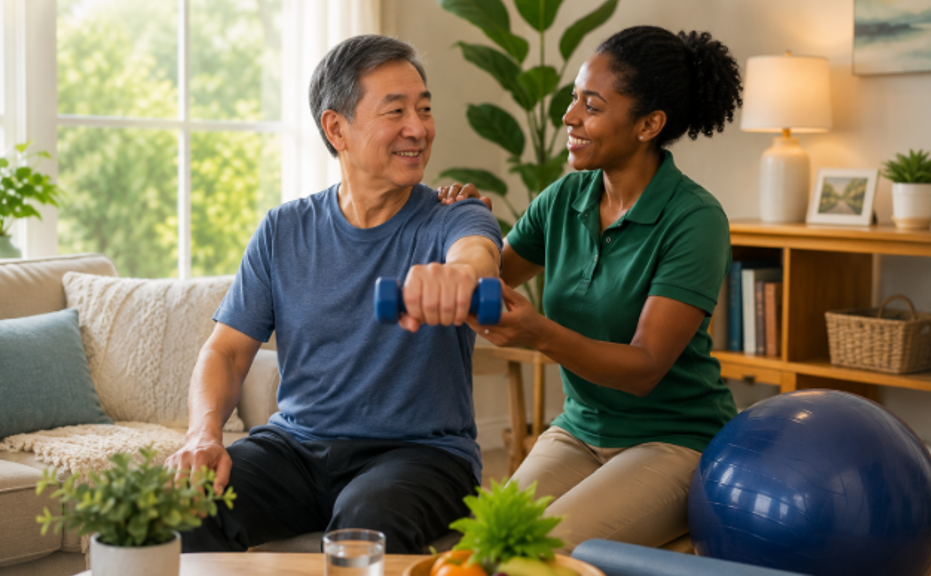 Caregiver assisting an older adult with light exercise during home care in Modesto, CA.