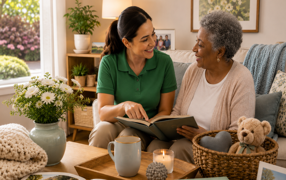 Caregiver sharing a memory book with an older woman at home in Modesto, CA
