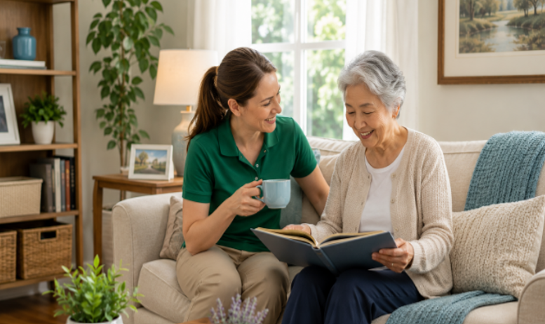 Caregiver reading with an older adult on a sunny garden patio during home care in Turlock, CA.
