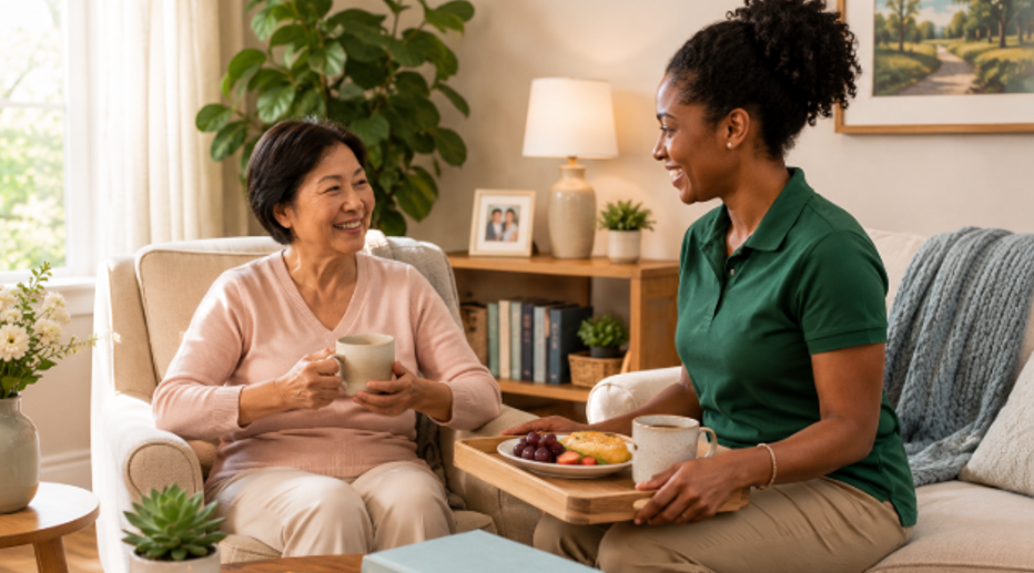 caregiver serving tea to an older Asian adult during home care in Stockton, CA.