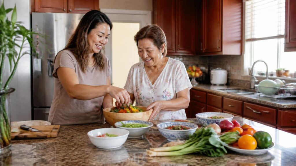 Two women smiling and preparing a meal together in a kitchen, surrounded by bowls of fresh vegetables and ingredients on the counter.